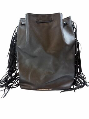 Festival Boho Victoria's Secret Black Fringe Drawstring Bucket Backpack Vegan